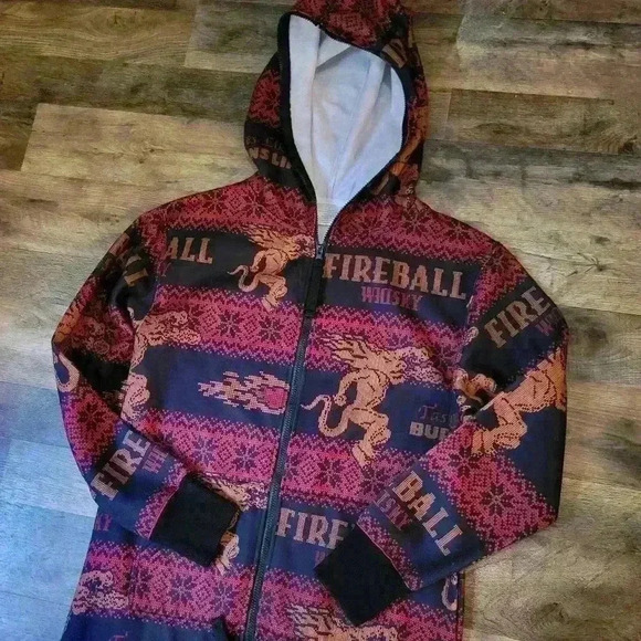 Fireball Whiskey Holiday One Piece Zip-Up Pajamas Size Large - Picture 2 of 10